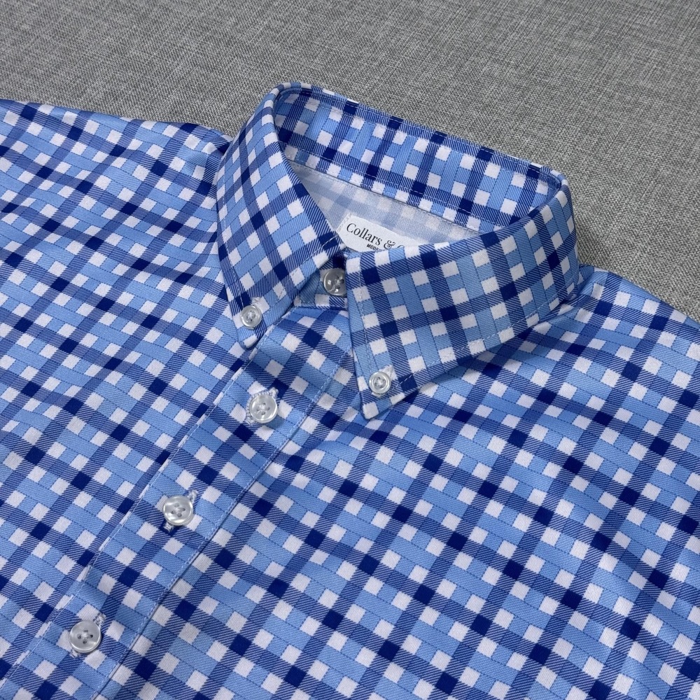 Collars & Co. Dress Collar Polo Shirt Mens M Blue Gingham Button-Down Polyester